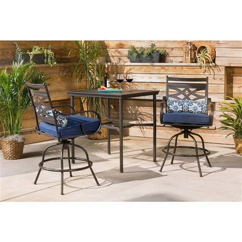 Hanover - Montclair 3pc High Dining: 2 Swivel Chairs, 33" Square High Dining Table - Navy/Brown-United Backyard