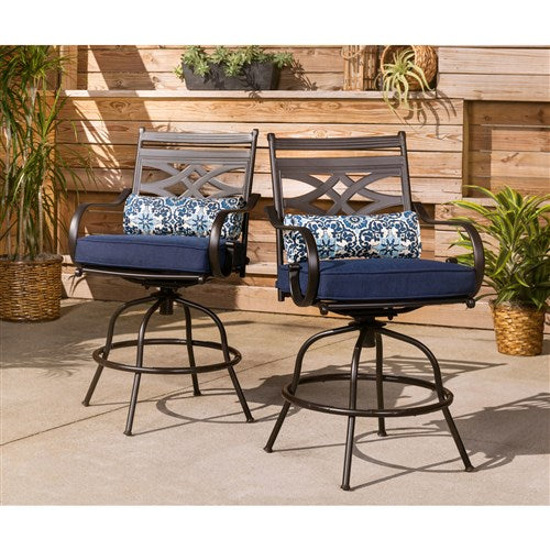 Hanover - Montclair 3pc High Dining: 2 Swivel Chairs, 33" Square High Dining Table - Navy/Brown-United Backyard