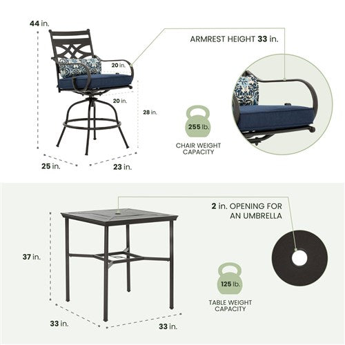 Hanover - Montclair 3pc High Dining: 2 Swivel Chairs, 33" Square High Dining Table - Navy/Brown-United Backyard