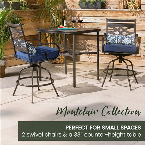 Hanover - Montclair 3pc High Dining: 2 Swivel Chairs, 33" Square High Dining Table - Navy/Brown-United Backyard