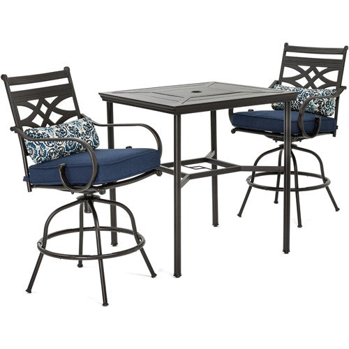 Hanover - Montclair 3pc High Dining: 2 Swivel Chairs, 33" Square High Dining Table - Navy/Brown-United Backyard