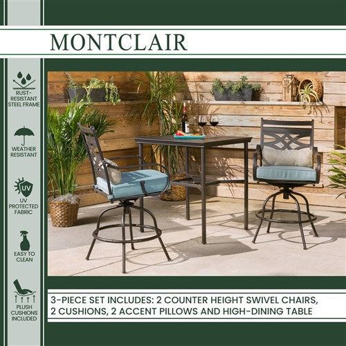 Hanover - Montclair 3pc High Dining: 2 Swivel Chairs, 33" Square High Dining Table - Ocean Blue/Brown-United Backyard