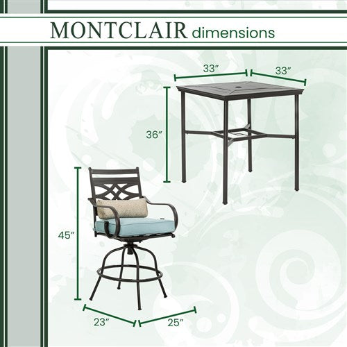 Hanover - Montclair 3pc High Dining: 2 Swivel Chairs, 33" Square High Dining Table - Ocean Blue/Brown-United Backyard