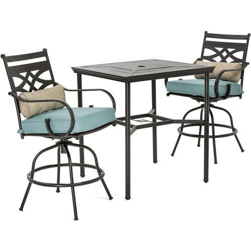 Hanover - Montclair 3pc High Dining: 2 Swivel Chairs, 33" Square High Dining Table - Ocean Blue/Brown-United Backyard
