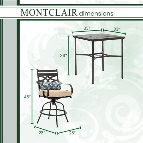 Hanover - Montclair 3pc High Dining: 2 Swivel Chairs, 33" Square High Dining Table - Tan/Brown-United Backyard