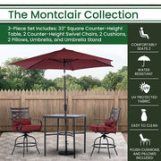 Hanover - Montclair 3pc High Dining: 2 Swivel Chairs, 33" Square High Table, Umbrella & Base - Chili Red/Brown-United Backyard