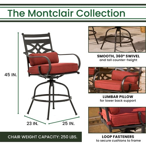 Hanover - Montclair 3pc High Dining: 2 Swivel Chairs, 33" Square High Table, Umbrella & Base - Chili Red/Brown-United Backyard