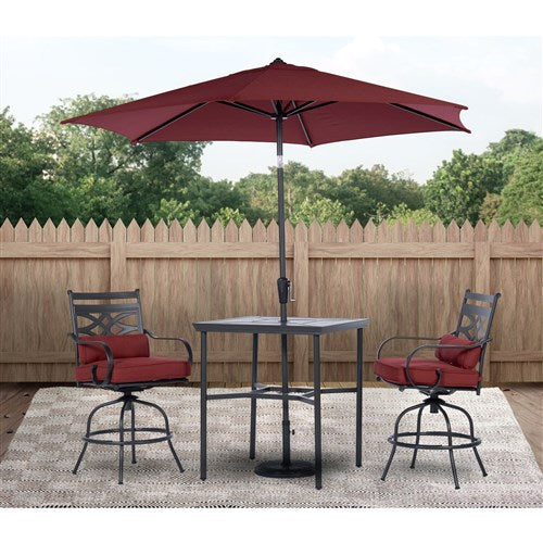 Hanover - Montclair 3pc High Dining: 2 Swivel Chairs, 33" Square High Table, Umbrella & Base - Chili Red/Brown-United Backyard