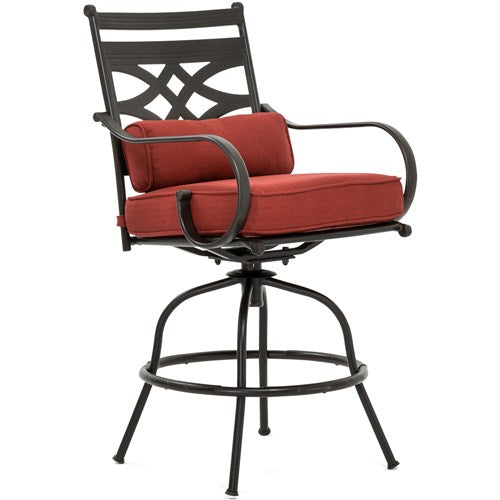 Hanover - Montclair 3pc High Dining: 2 Swivel Chairs, 33" Square High Table, Umbrella & Base - Chili Red/Brown-United Backyard