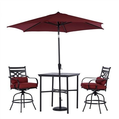 Hanover - Montclair 3pc High Dining: 2 Swivel Chairs, 33" Square High Table, Umbrella & Base - Chili Red/Brown-United Backyard