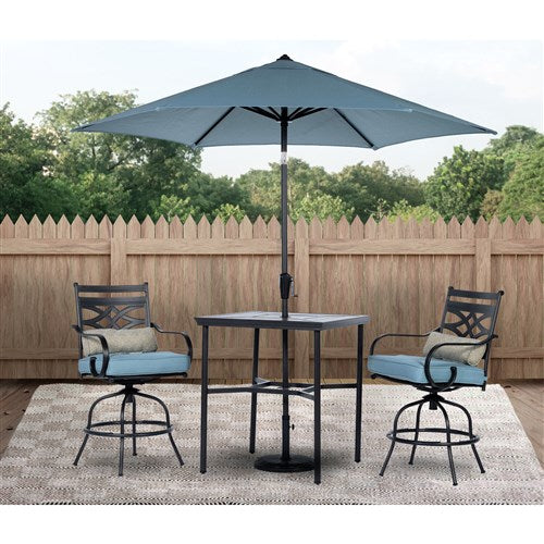 Hanover - Montclair 3pc High Dining: 2 Swivel Chairs, 33" Square High Table, Umbrella & Base - Ocean Blue/Brown-United Backyard