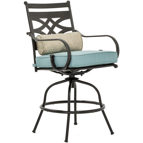 Hanover - Montclair 3pc High Dining: 2 Swivel Chairs, 33" Square High Table, Umbrella & Base - Ocean Blue/Brown-United Backyard