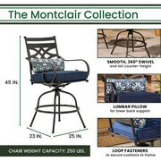Hanover - Montclair 3pc High Dining: 2 Swivel Chairs,33" Square High Table, Umbrella & Base - Navy/Brown-United Backyard