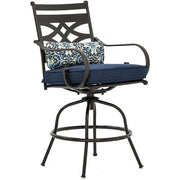 Hanover - Montclair 3pc High Dining: 2 Swivel Chairs,33" Square High Table, Umbrella & Base - Navy/Brown-United Backyard