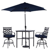 Hanover - Montclair 3pc High Dining: 2 Swivel Chairs,33" Square High Table, Umbrella & Base - Navy/Brown-United Backyard