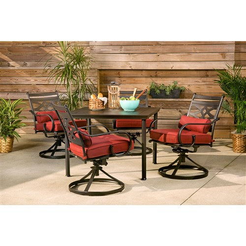 Hanover - Montclair 5pc: 4 Swivel Rockers, 40" Square Dining Table - Chili Red/Brown-United Backyard