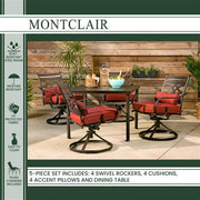 Hanover - Montclair 5pc: 4 Swivel Rockers, 40" Square Dining Table - Chili Red/Brown-United Backyard