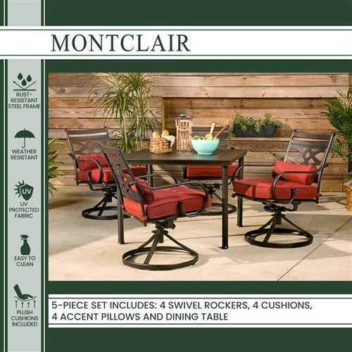 Hanover - Montclair 5pc: 4 Swivel Rockers, 40" Square Dining Table - Chili Red/Brown-United Backyard