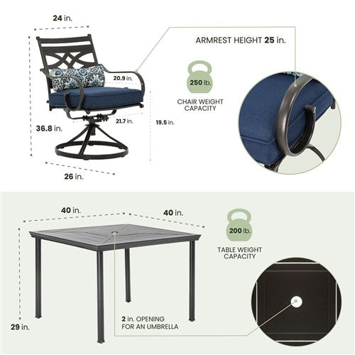 Hanover - Montclair 5pc: 4 Swivel Rockers, 40" Square Dining Table - Navy/Brown-United Backyard