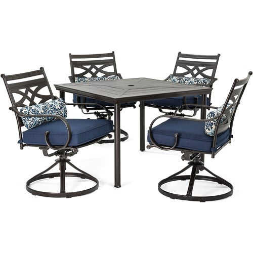 Hanover - Montclair 5pc: 4 Swivel Rockers, 40" Square Dining Table - Navy/Brown-United Backyard