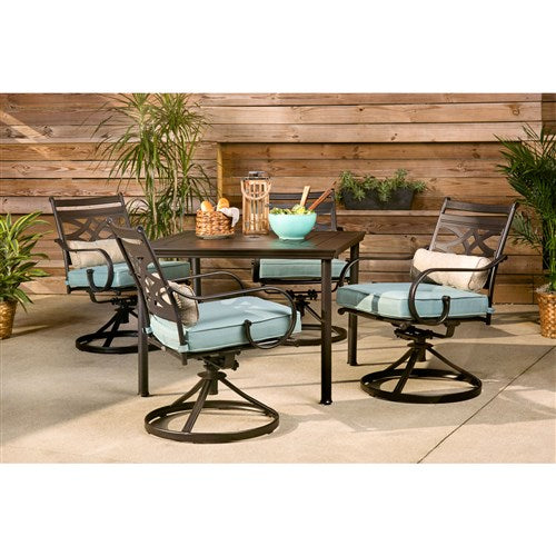 Hanover - Montclair 5pc: 4 Swivel Rockers, 40" Square Dining Table - Ocean Blue/Brown-United Backyard