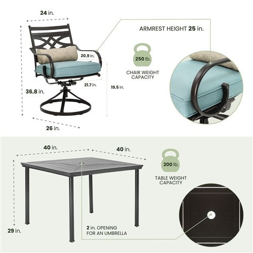 Hanover - Montclair 5pc: 4 Swivel Rockers, 40" Square Dining Table - Ocean Blue/Brown-United Backyard