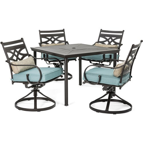 Hanover - Montclair 5pc: 4 Swivel Rockers, 40" Square Dining Table - Ocean Blue/Brown-United Backyard
