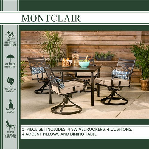 Hanover - Montclair 5pc: 4 Swivel Rockers, 40" Square Dining Table - Tan/Brown-United Backyard
