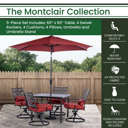 Hanover - Montclair 5pc: 4 Swivel Rockers, 40" Square Dining Table, Umbrella & Base - Chili Red/Brown-United Backyard