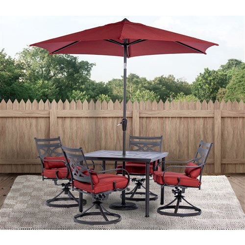 Hanover - Montclair 5pc: 4 Swivel Rockers, 40" Square Dining Table, Umbrella & Base - Chili Red/Brown-United Backyard