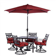 Hanover - Montclair 5pc: 4 Swivel Rockers, 40" Square Dining Table, Umbrella & Base - Chili Red/Brown-United Backyard