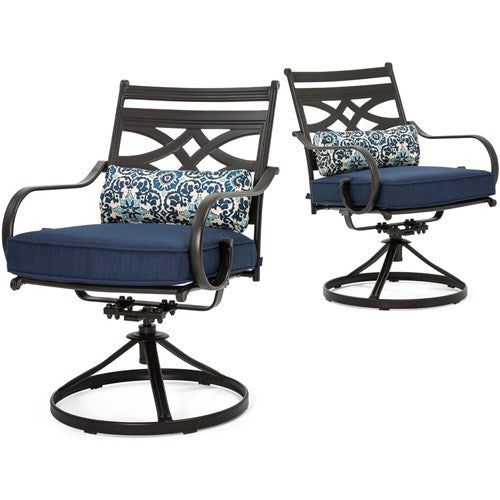 Hanover - Montclair 5pc: 4 Swivel Rockers, 40" Square Dining Table, Umbrella & Base - Navy/Brown-United Backyard