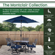 Hanover - Montclair 5pc: 4 Swivel Rockers, 40" Square Dining Table, Umbrella & Base - Navy/Brown-United Backyard