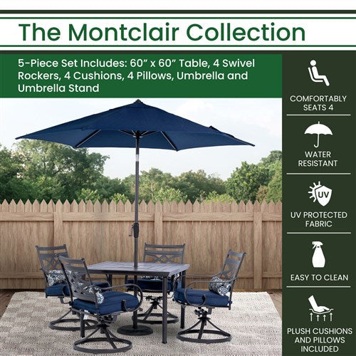 Hanover - Montclair 5pc: 4 Swivel Rockers, 40" Square Dining Table, Umbrella & Base - Navy/Brown-United Backyard