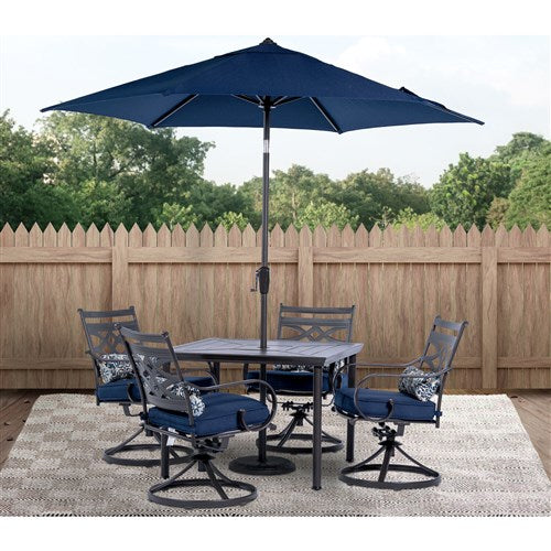 Hanover - Montclair 5pc: 4 Swivel Rockers, 40" Square Dining Table, Umbrella & Base - Navy/Brown-United Backyard