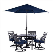 Hanover - Montclair 5pc: 4 Swivel Rockers, 40" Square Dining Table, Umbrella & Base - Navy/Brown-United Backyard