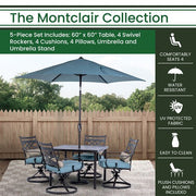 Hanover - Montclair 5pc: 4 Swivel Rockers, 40" Square Dining Table, Umbrella & Base - Ocean Blue/Brown-United Backyard