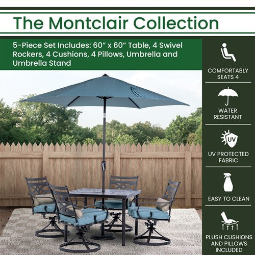 Hanover - Montclair 5pc: 4 Swivel Rockers, 40" Square Dining Table, Umbrella & Base - Ocean Blue/Brown-United Backyard