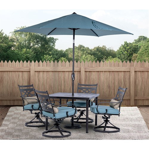 Hanover - Montclair 5pc: 4 Swivel Rockers, 40" Square Dining Table, Umbrella & Base - Ocean Blue/Brown-United Backyard