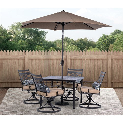 Hanover - Montclair 5pc: 4 Swivel Rockers, 40" Square Dining Table, Umbrella & Base - Tan/Brown-United Backyard