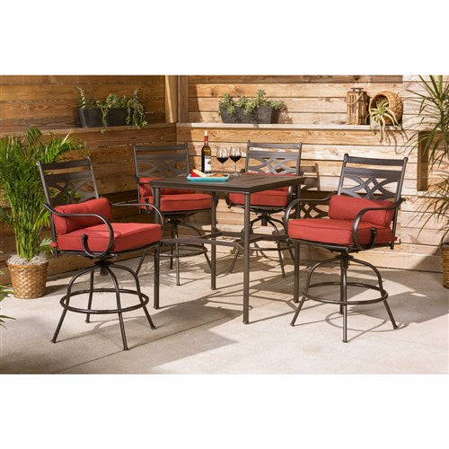 Hanover - Montclair 5pc High Dining: 4 Swivel Chairs, 33" Square High Dining Table - Chili Red/Brown-United Backyard