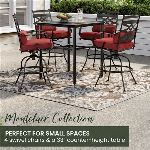 Hanover - Montclair 5pc High Dining: 4 Swivel Chairs, 33" Square High Dining Table - Chili Red/Brown-United Backyard