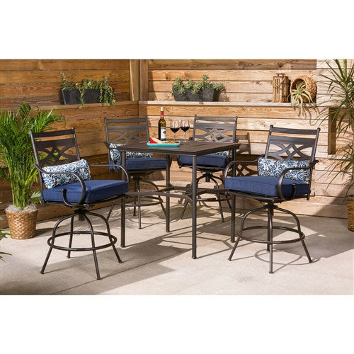 Hanover - Montclair 5pc High Dining: 4 Swivel Chairs, 33" Square High Dining Table - Navy/Brown-United Backyard