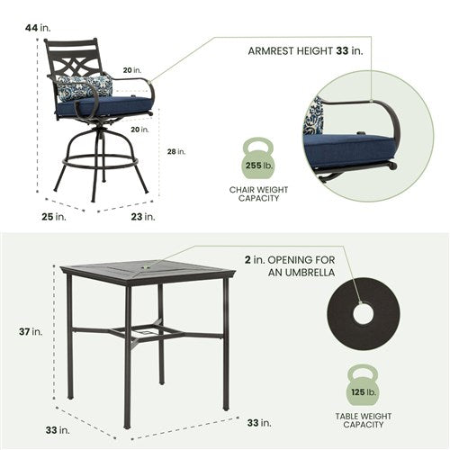Hanover - Montclair 5pc High Dining: 4 Swivel Chairs, 33" Square High Dining Table - Navy/Brown-United Backyard