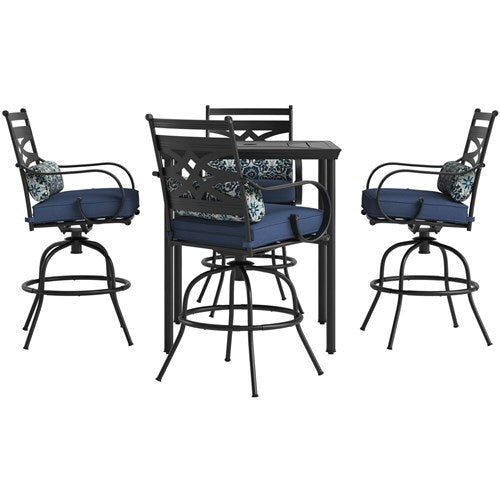 Hanover - Montclair 5pc High Dining: 4 Swivel Chairs, 33" Square High Dining Table - Navy/Brown-United Backyard