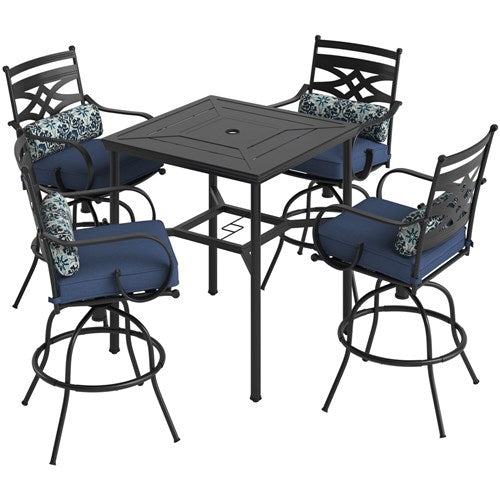 Hanover - Montclair 5pc High Dining: 4 Swivel Chairs, 33" Square High Dining Table - Navy/Brown-United Backyard