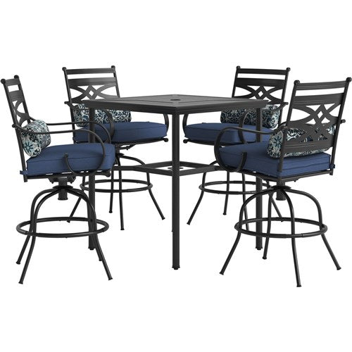 Hanover - Montclair 5pc High Dining: 4 Swivel Chairs, 33" Square High Dining Table - Navy/Brown-United Backyard