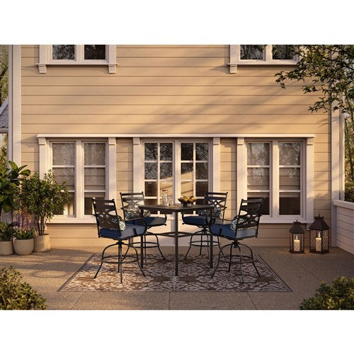 Hanover - Montclair 5pc High Dining: 4 Swivel Chairs, 33" Square High Dining Table - Navy/Brown-United Backyard