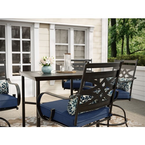 Hanover - Montclair 5pc High Dining: 4 Swivel Chairs, 33" Square High Dining Table - Navy/Brown-United Backyard