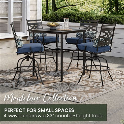 Hanover - Montclair 5pc High Dining: 4 Swivel Chairs, 33" Square High Dining Table - Navy/Brown-United Backyard